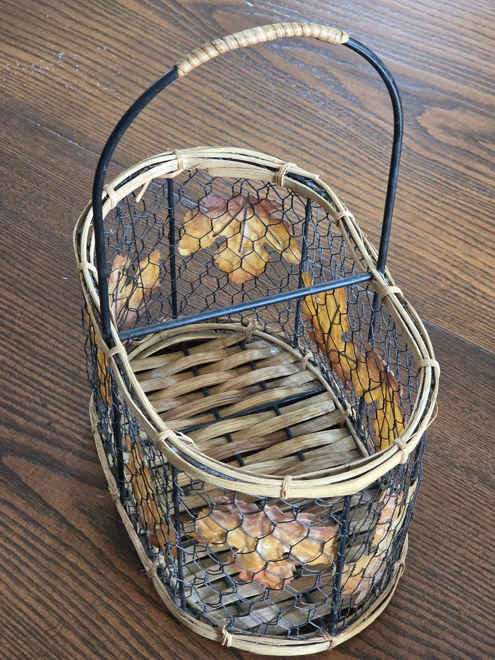 Woven Chicken Wire, Metal and Rattan Decorative Basket with Autumn Leaf Accents